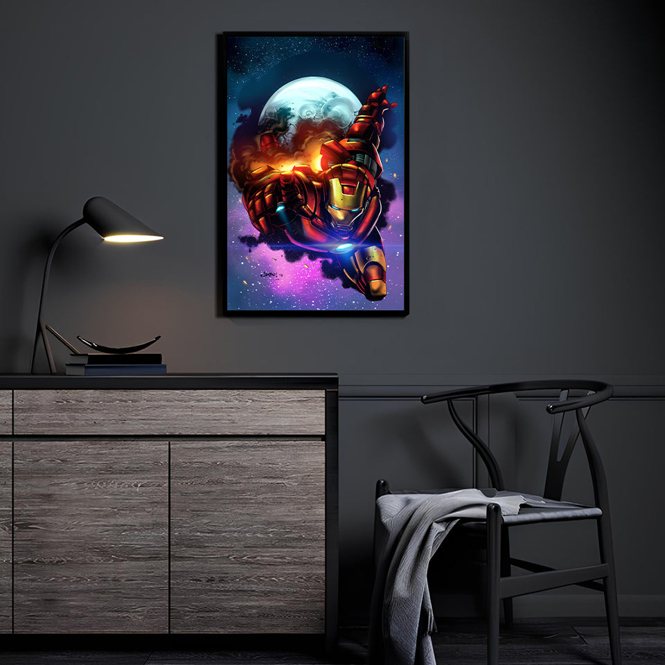 Iron Hero blasting through space with glowing repulsor and full armor