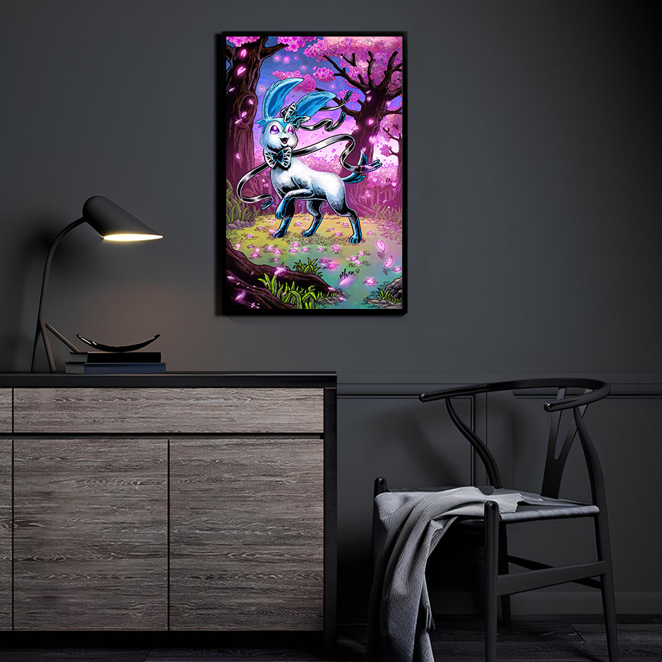 Shiny Sylveon dancing among cherry blossoms, 11x17 Pokémon pastel print