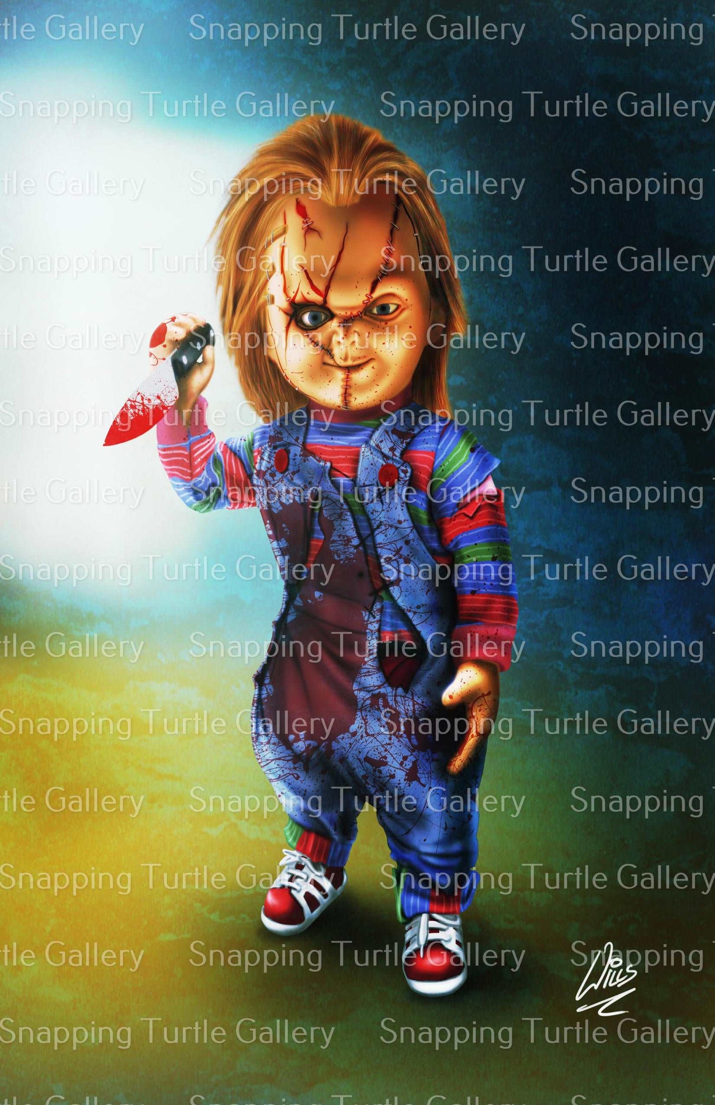 "Playtime’s Over – Chucky Wall Art on canvas, acrylic, and metal – Chucky with sinister grin and knife in a creepy background."