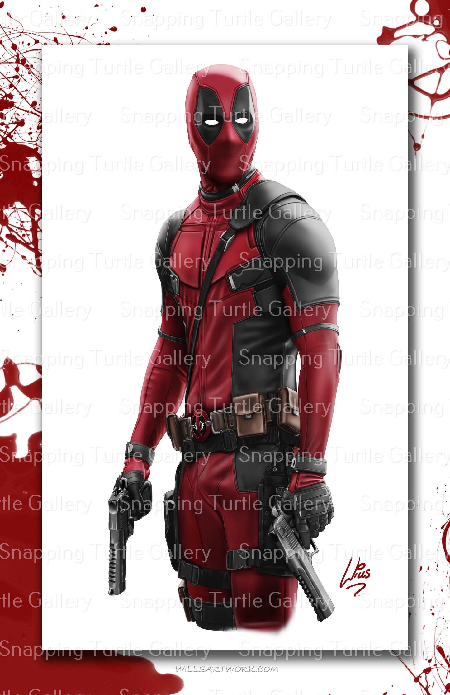"Maximum Mayhem – Deadpool Movie Wall Art on canvas, acrylic, and metal – Deadpool in full costume with weapons and signature pose."