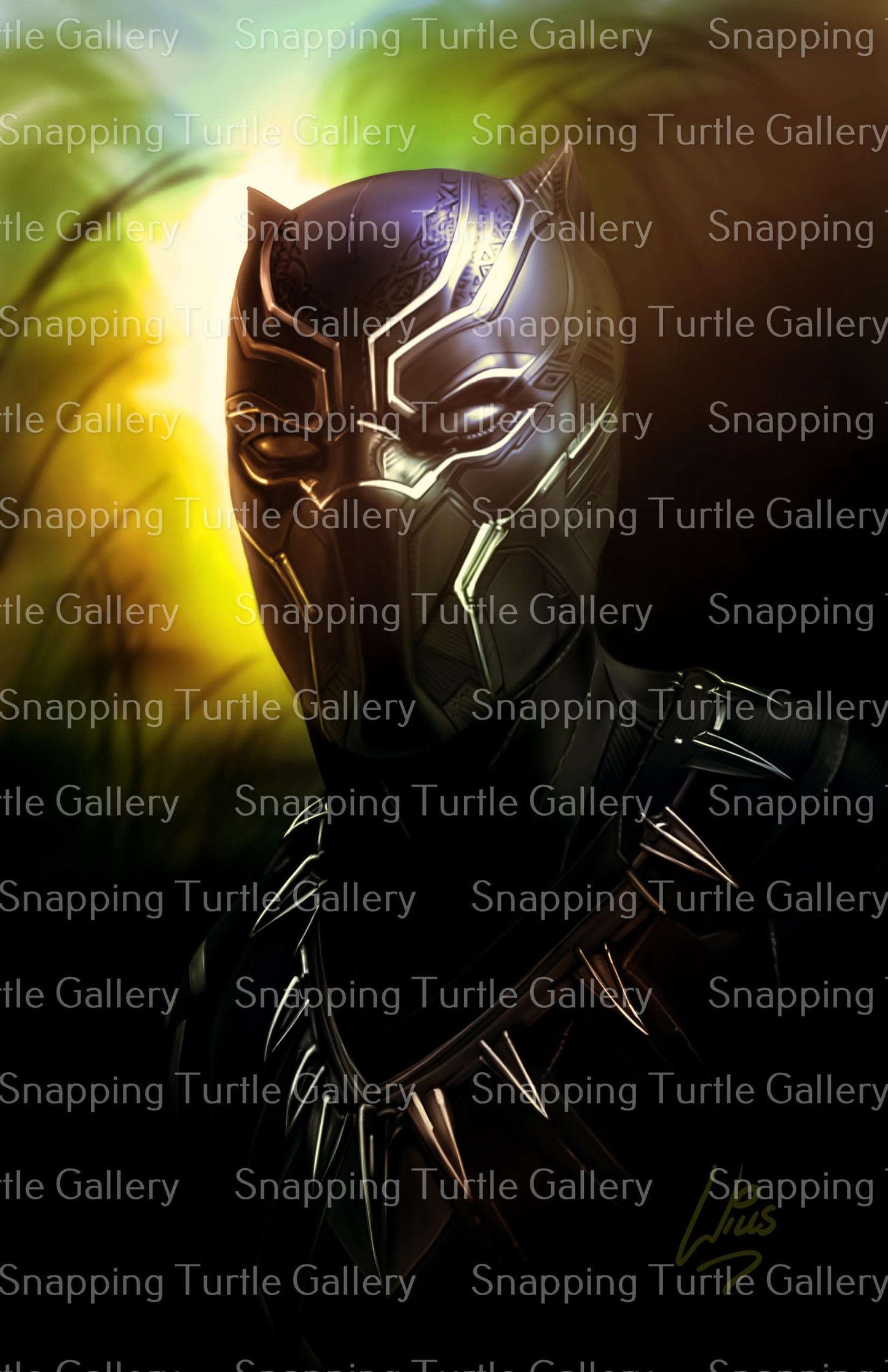 "Wakandan Legacy – Black Panther Wall Art on canvas, acrylic, and metal – Black Panther in a bold, regal pose in full vibranium armor."