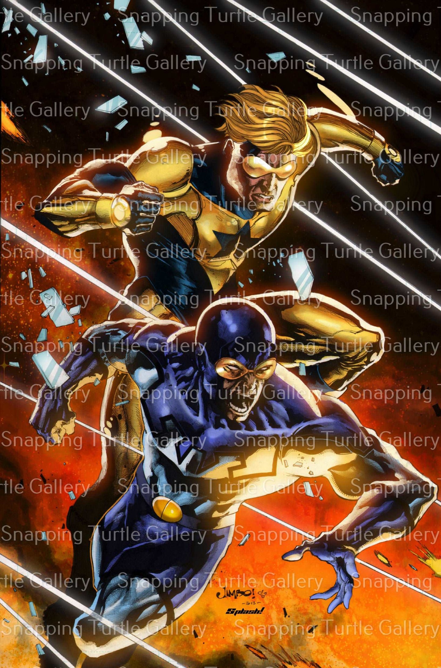 Angle/Detail: Acrylic surface showing Booster and Beetle mid-action pose