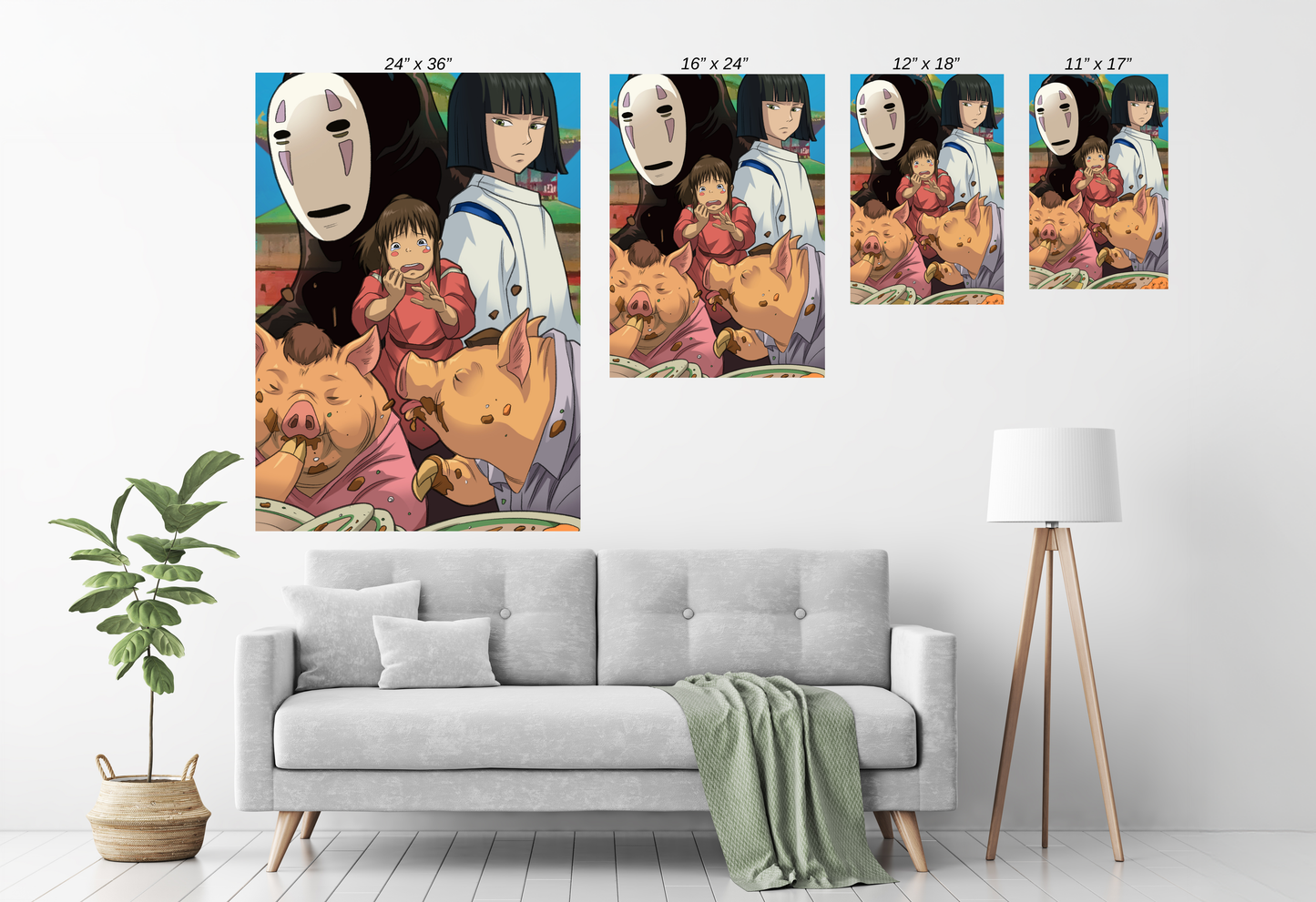 Size Chart Living-room mockup showing “Across the Spirit Way” on wall—Chihiro, Haku, and No-Face in one frame, ready-to-hang display.