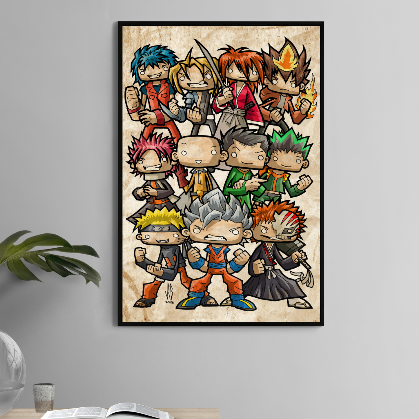 11x17 print of crossover anime characters including Goku, Naruto, Gon, Ichigo, and more in chibi style