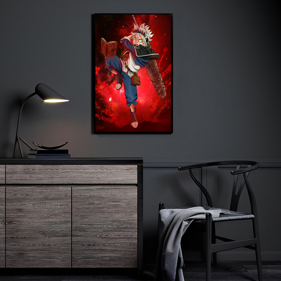 Black Clover Asta wall art displayed in a modern interior, adding bold anime energy and dramatic action-focused artwork to contemporary wall décor