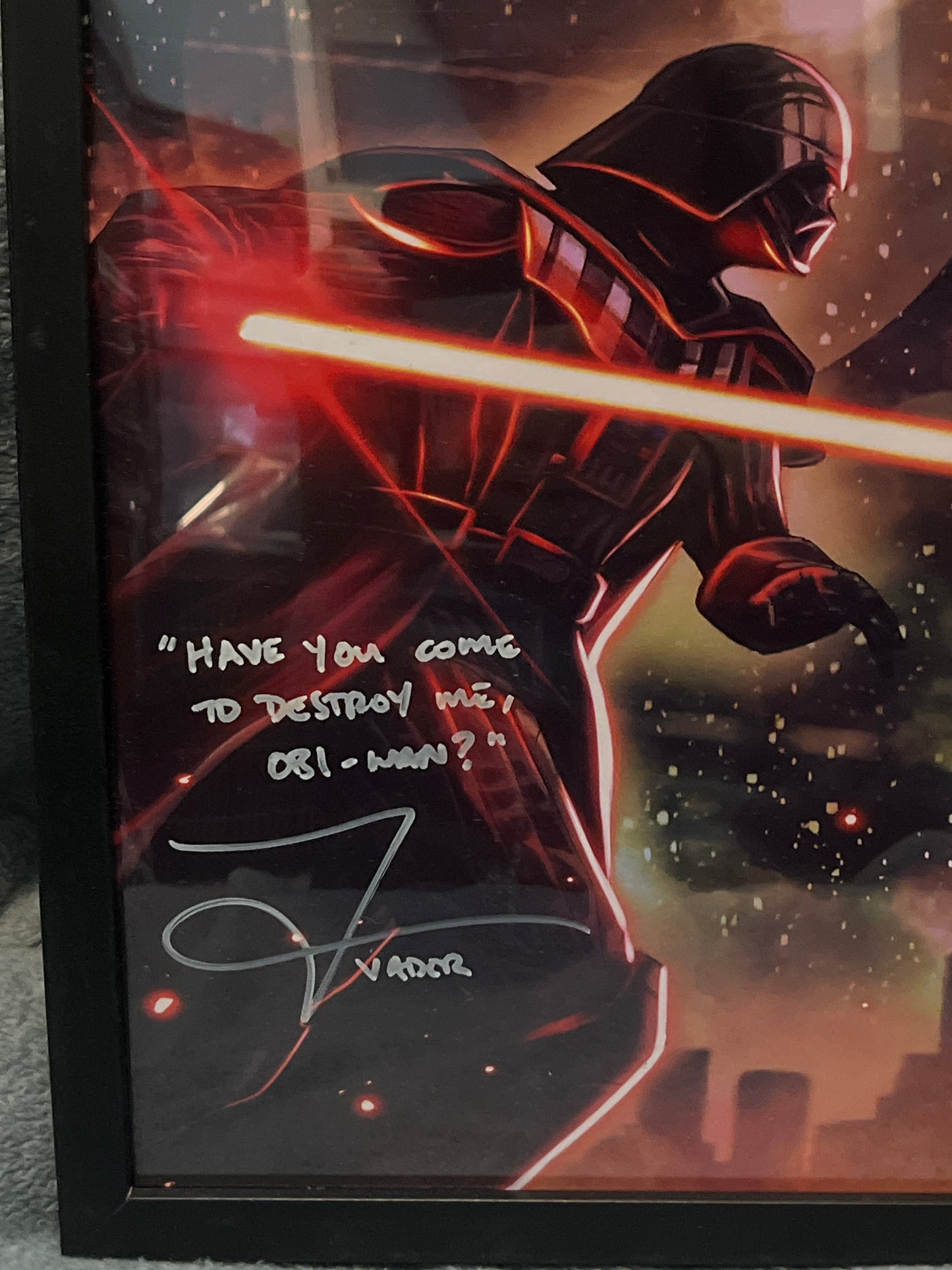 Autographed Darth Vader vs Obi-Wan 11x17 Framed Print Signed by Tom O’Connell – Close-Up of Autograph and Quote