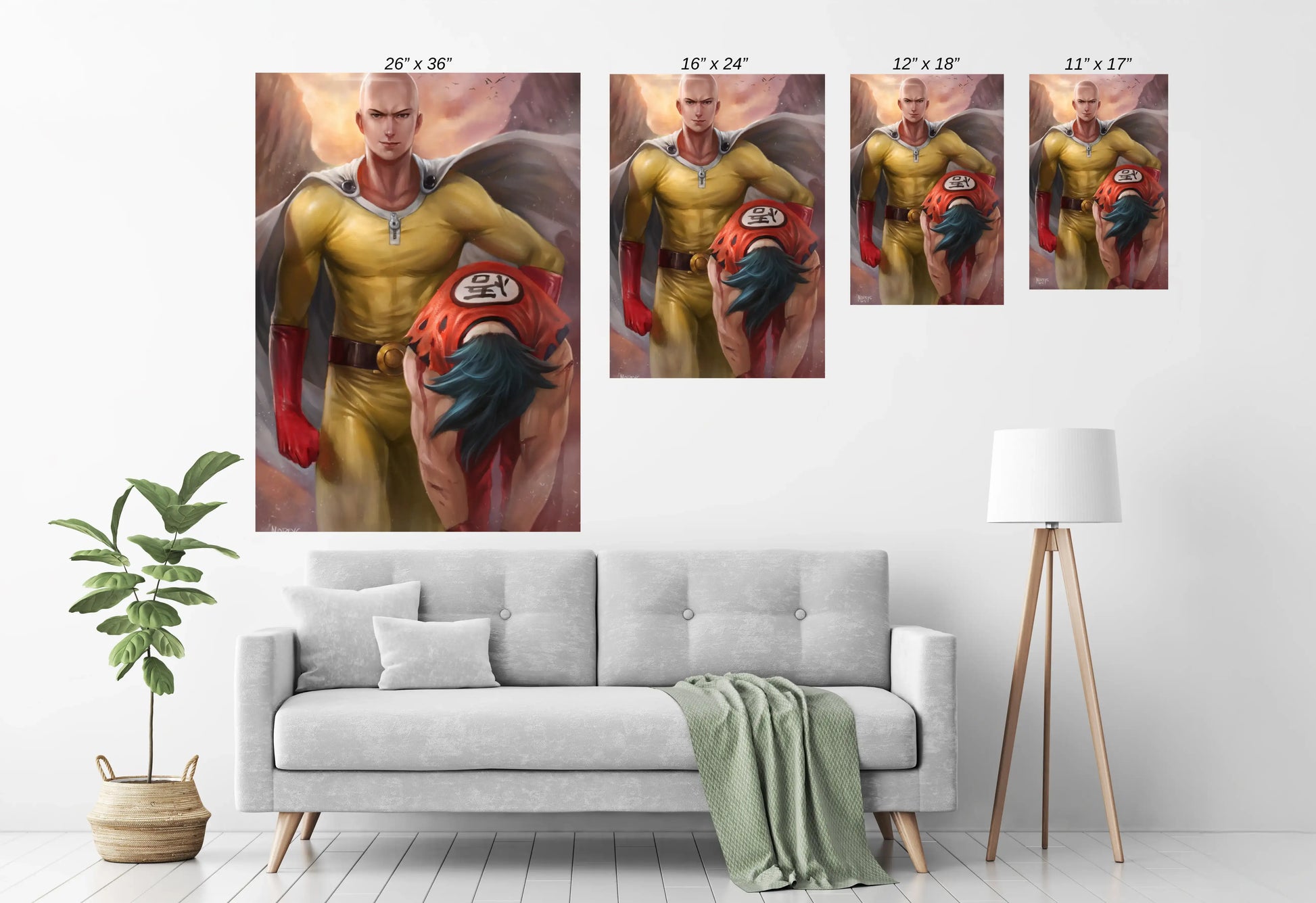 Size Chart canvas anime art Saitama defeating Goku