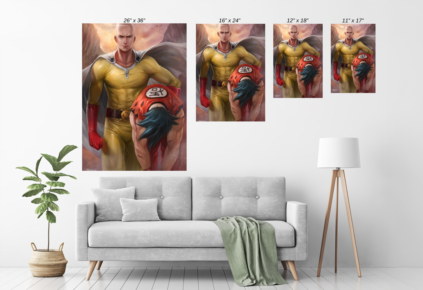 Size Chart canvas anime art Saitama defeating Goku