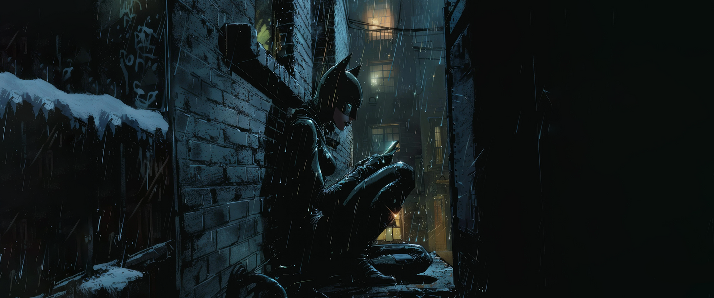 Batgirl wall art featuring a rain-soaked Gotham alley, dark urban landscape, and moody noir vibes, available in canvas, acrylic, and metal prints