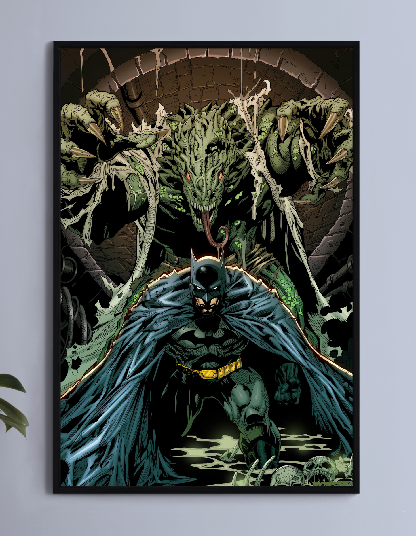 Close-Up: Detail of Killer Croc’s scaled arm and Batman’s defensive pose
