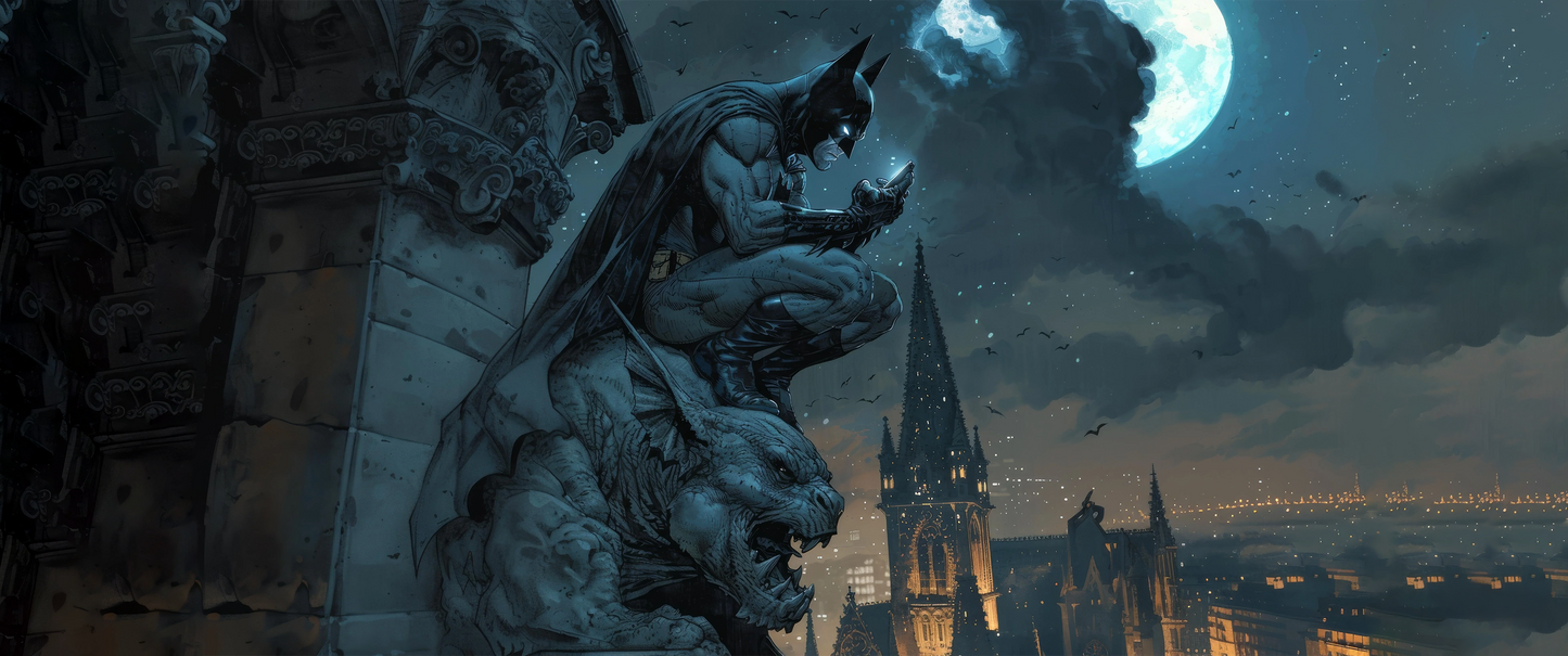 Batman wall art featuring Gotham skyline, moonlit night, and gothic architecture, available in canvas, acrylic, and metal prints.