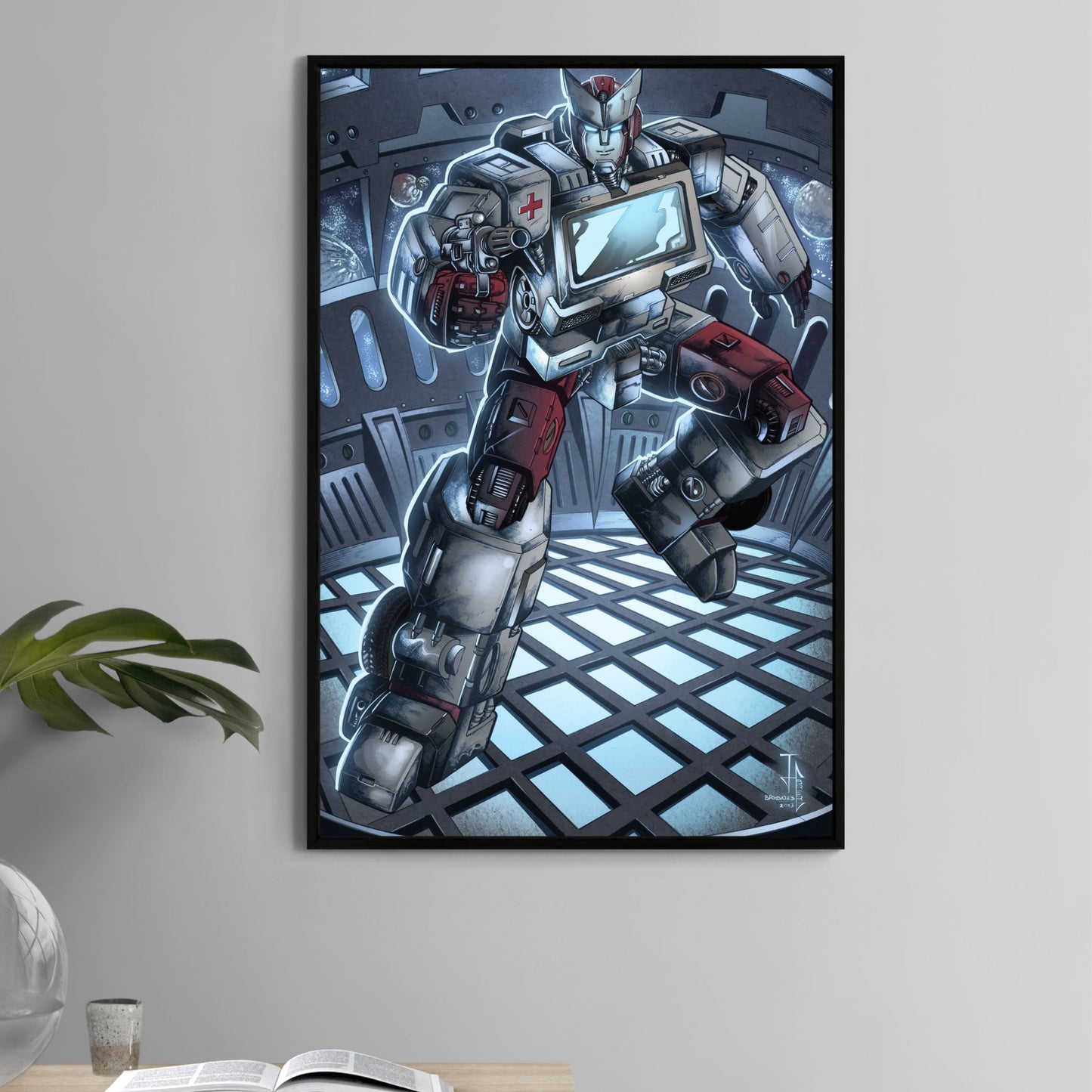 Transformers-style Ratchet robot print on 11x17 paper with sci-fi background