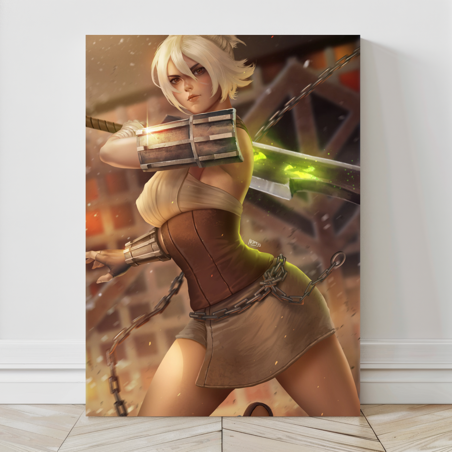 Canvas artwork of Riven mid-swing with green-glowing broken blade, battle-ready stance