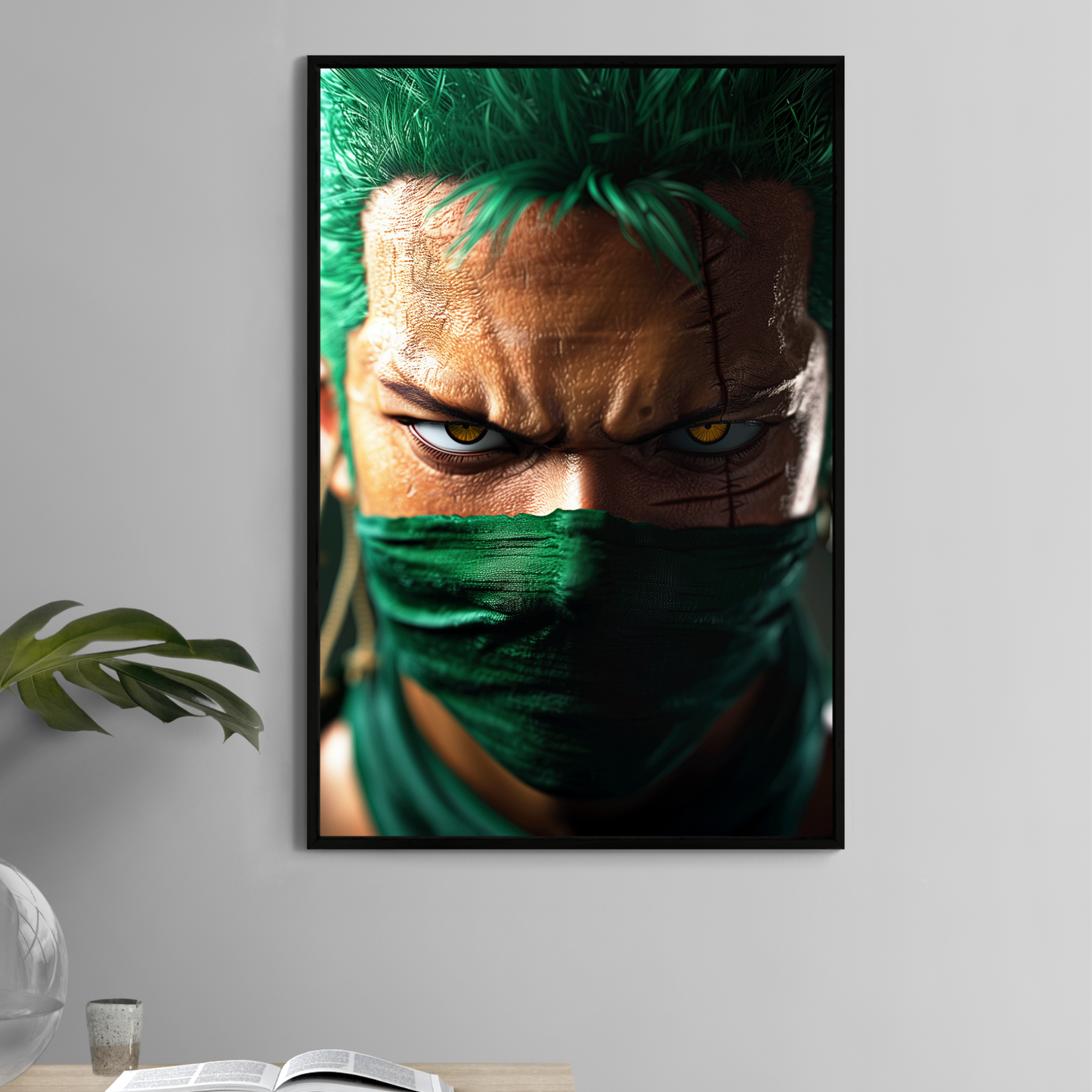 Zoro close-up 11x17 print wearing green mask with golden eyes – Snapping Turtle Gallery