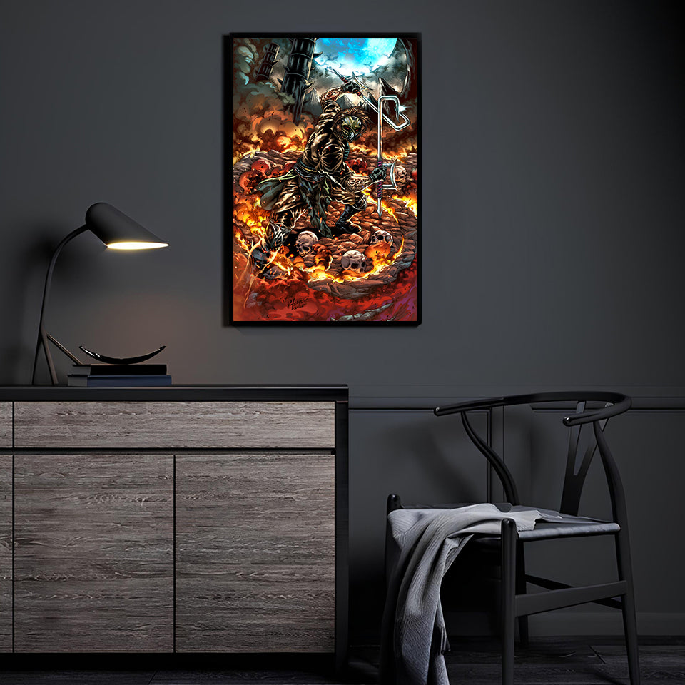 Kabal Mortal Kombat canvas wall art with fire and skull battlefield