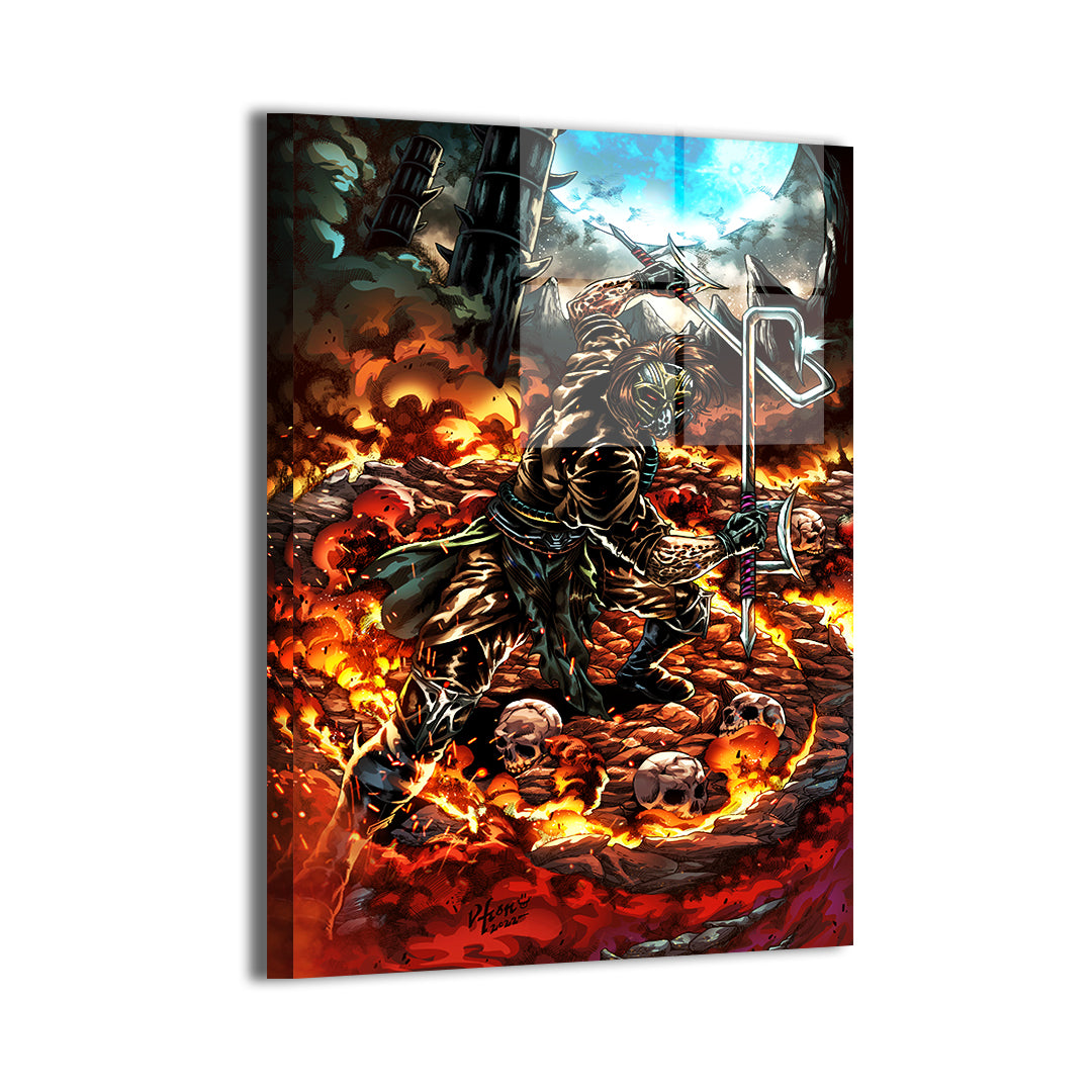 Kabal surrounded by flames and skulls – epic Mortal Kombat metal print
