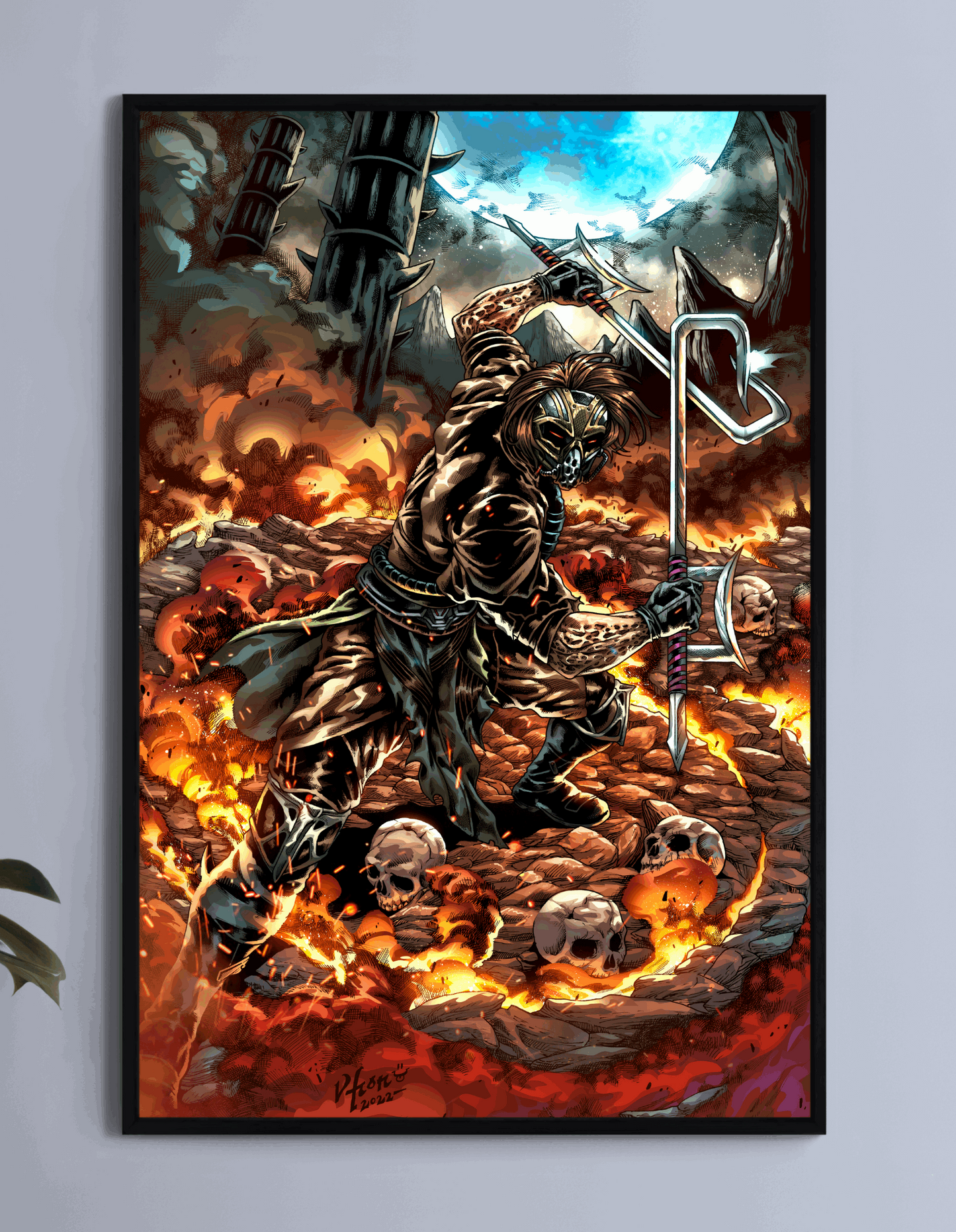 Kabal from Mortal Kombat standing in fire with hookblades – poster print