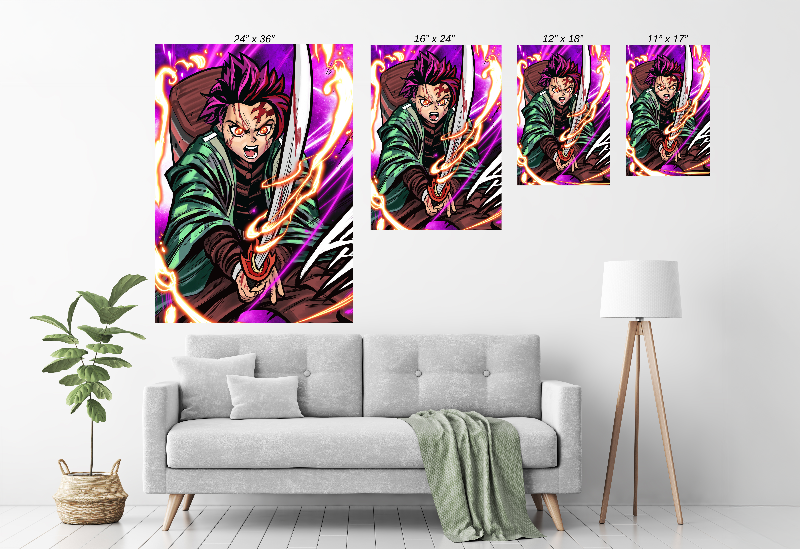 Gallery-wrapped canvas of Tanjiro mid-strike, fiery sword swing, rich brush texture and bold shonen colors.
