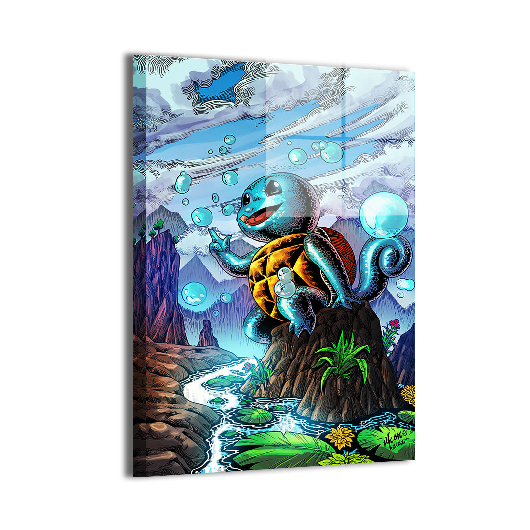 Playful Squirtle art sitting on a rock by stream, 12x18 Acrylic