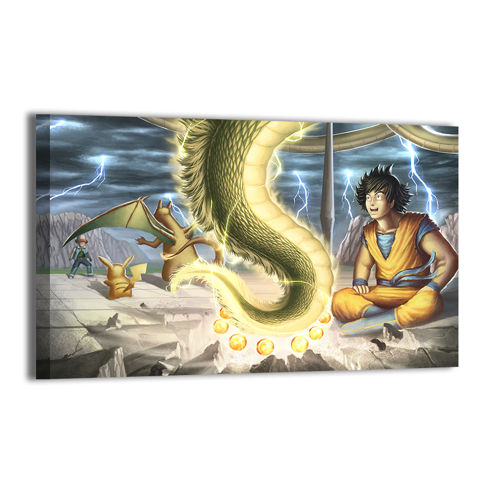 Goku facing Ash, Pikachu, Charizard, and Shenron on a shattered arena by Oliver Morit; gallery-wrapped, ready to hang.