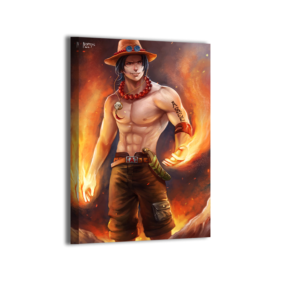 Flamebound Ace Canvas Print — Ace conjuring flames, warm orange glow; artwork by Nopeys; gallery-wrapped, ready to hang.
