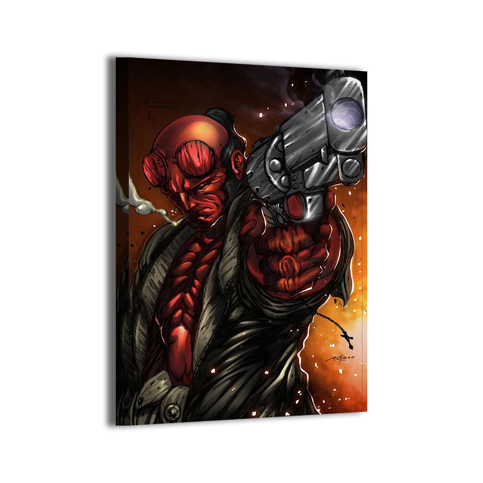 Close-up of Hellboy’s Right Hand of Doom and pistol against fiery background; Balando and Magnaye artwork on gallery-wrapped canvas.