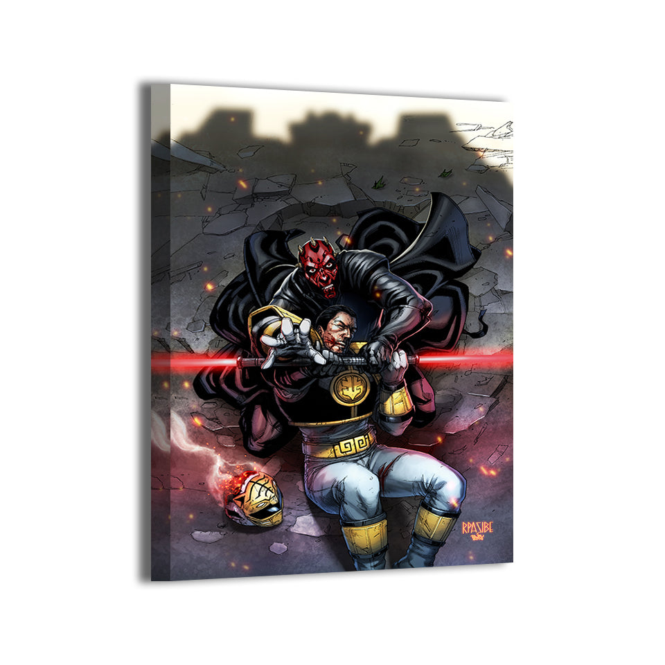 Darth Maul vs White Ranger by Ryan Pasibe; gallery-wrapped canvas, ready to hang.