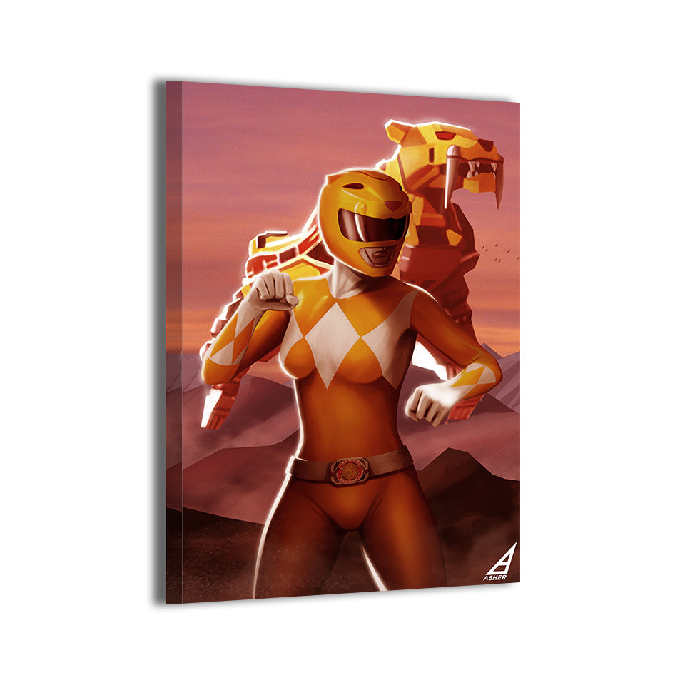 yellow ranger with sabertooth tiger dinozord by Ben Asher; gallery-wrapped, ready to hang.