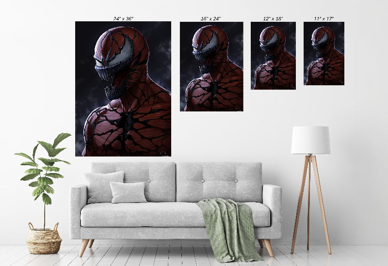 Carnage symbiote artwork, gallery-wrapped size chart canvas by Sam Dela Torre, ready to hang.