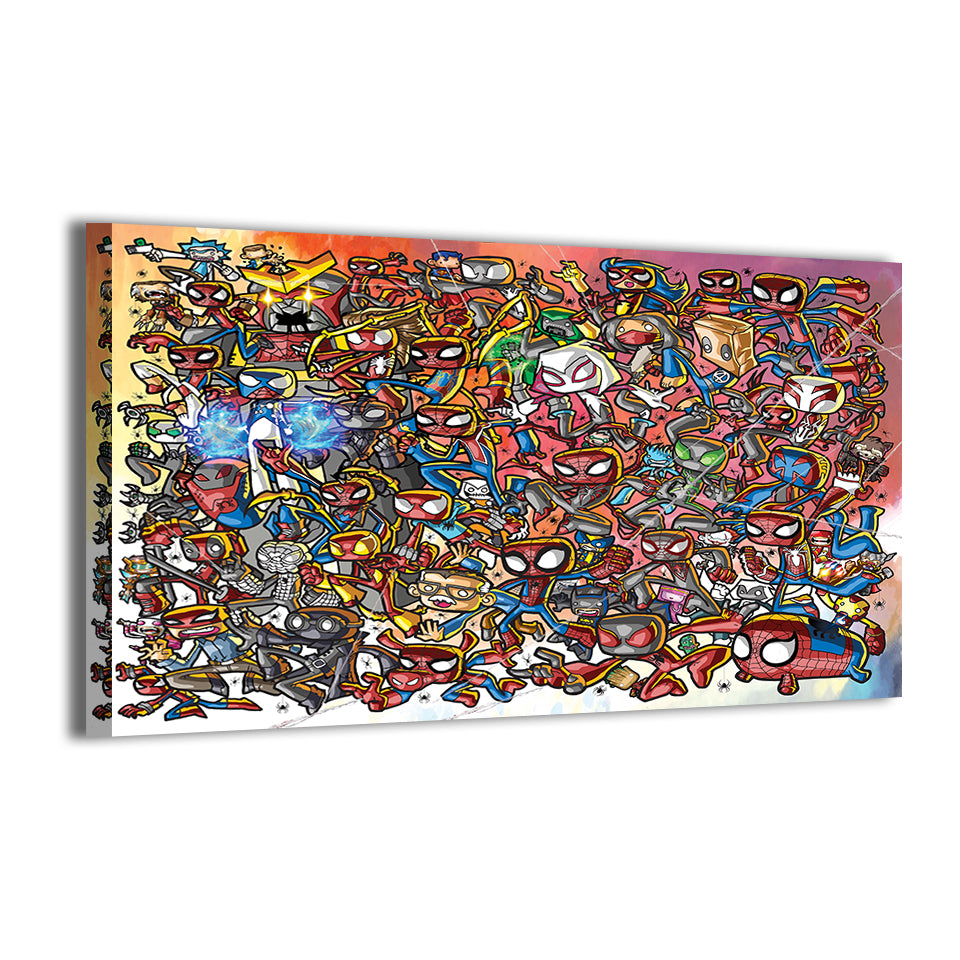 Web of the Spider-Verse Canvas Print — dynamic Spider-Verse lineup with hidden cameos, artwork by Jeff Benitez; gallery-wrapped, ready to hang.