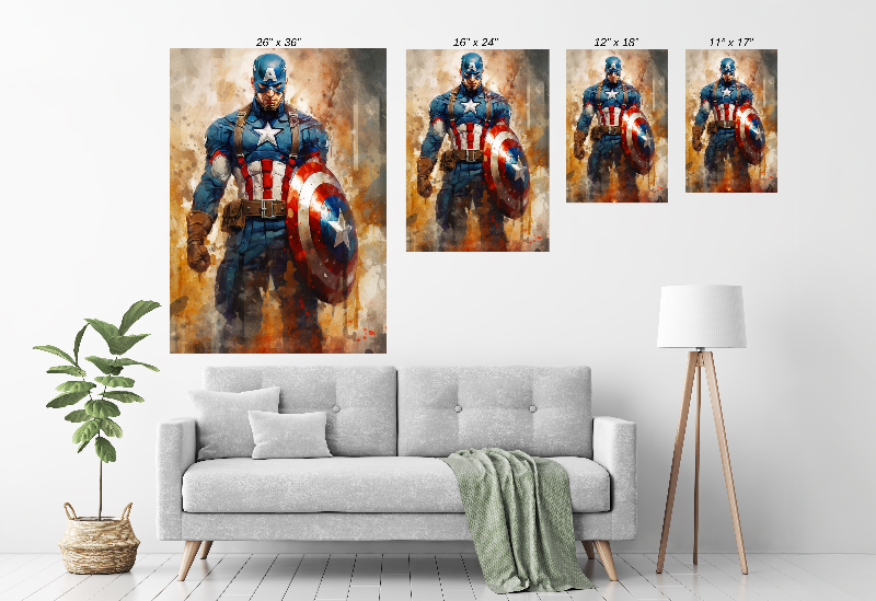 Captain America Watercolors Wall Art on Size Chart canvas, acrylic, and metal – front view
