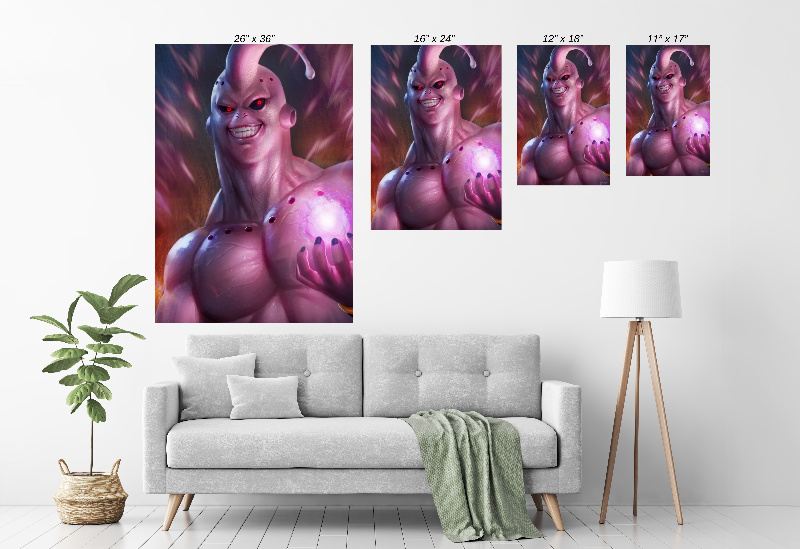 Size Chart canvas print of muscular Majin Buu radiating chaotic energy and power