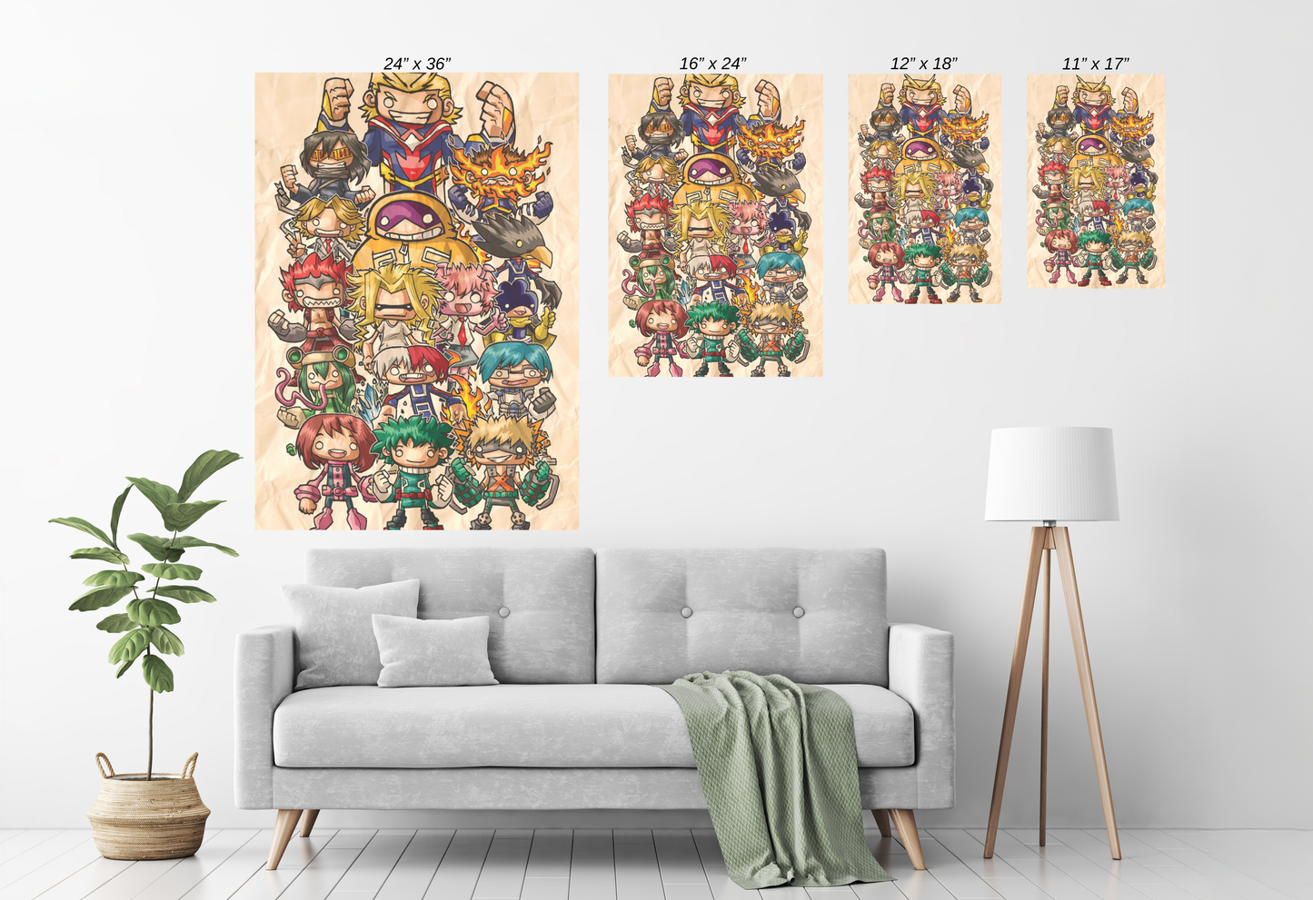 Size Chart print featuring chibi-style My Hero Academia characters including Deku, Bakugo, All Might, and more