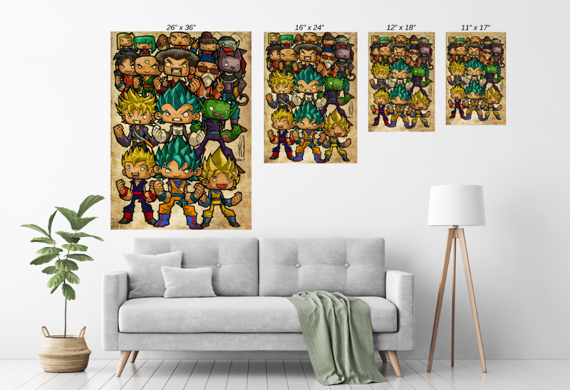 Chibi Dragon Ball Super cast print with 18 characters – Size Chart wall art