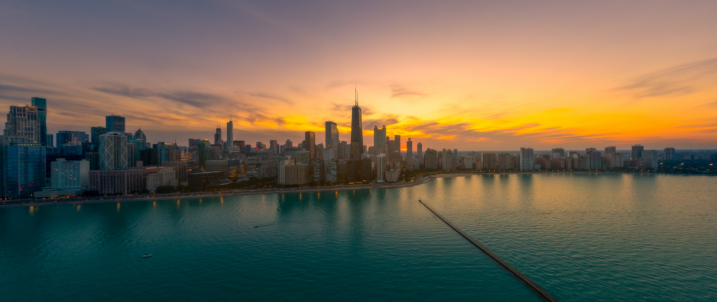 Chicago Skyline Sunset wall art in 11x26 canvas print format – available at Snapping Turtle Gallery