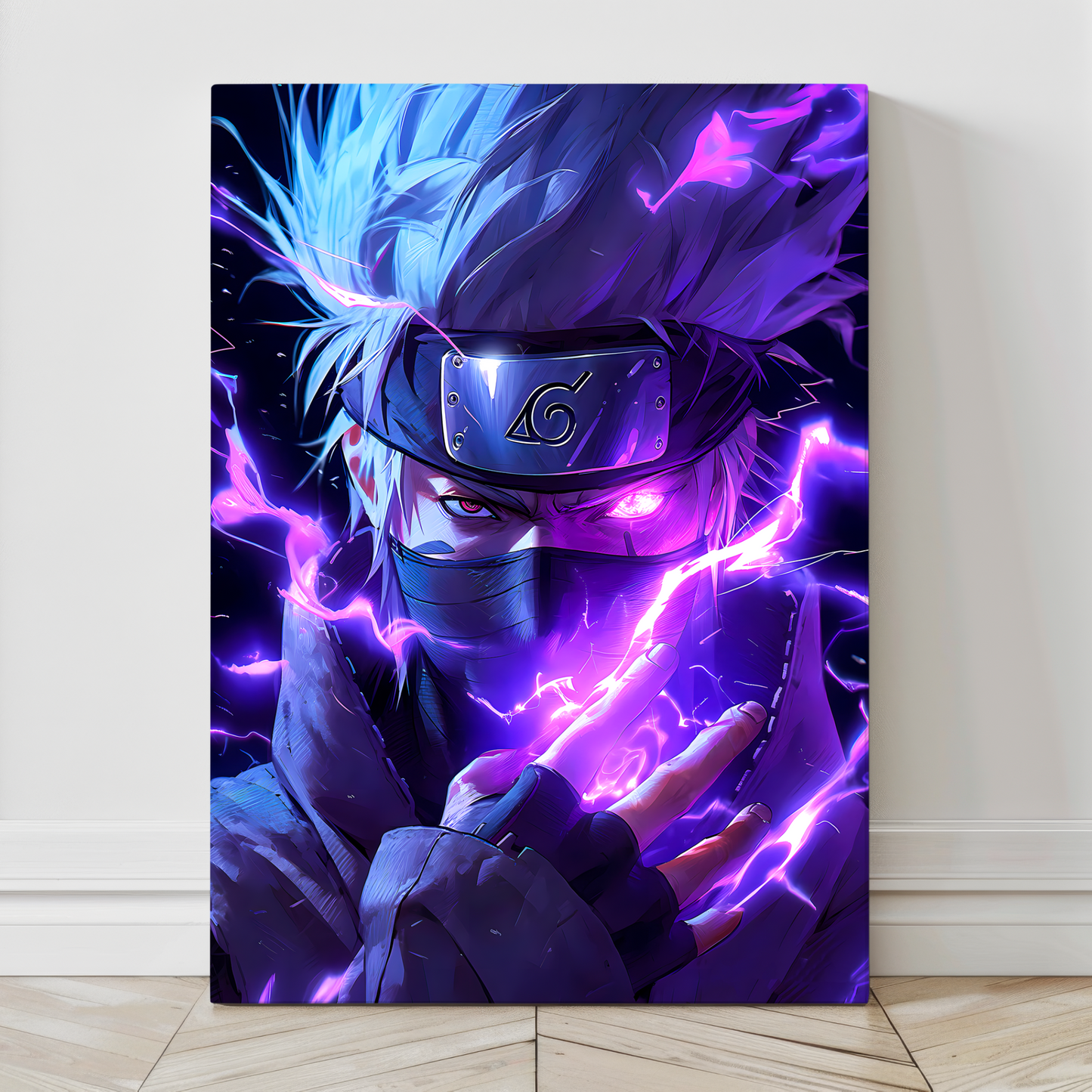 24x36 Kakashi canvas with intense look and purple lightning jutsu – Snapping Turtle Gallery