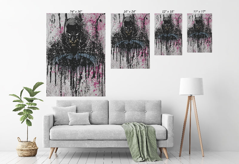 Room mockup — framed splatter-style vigilante portrait as a modern wall centerpiece.