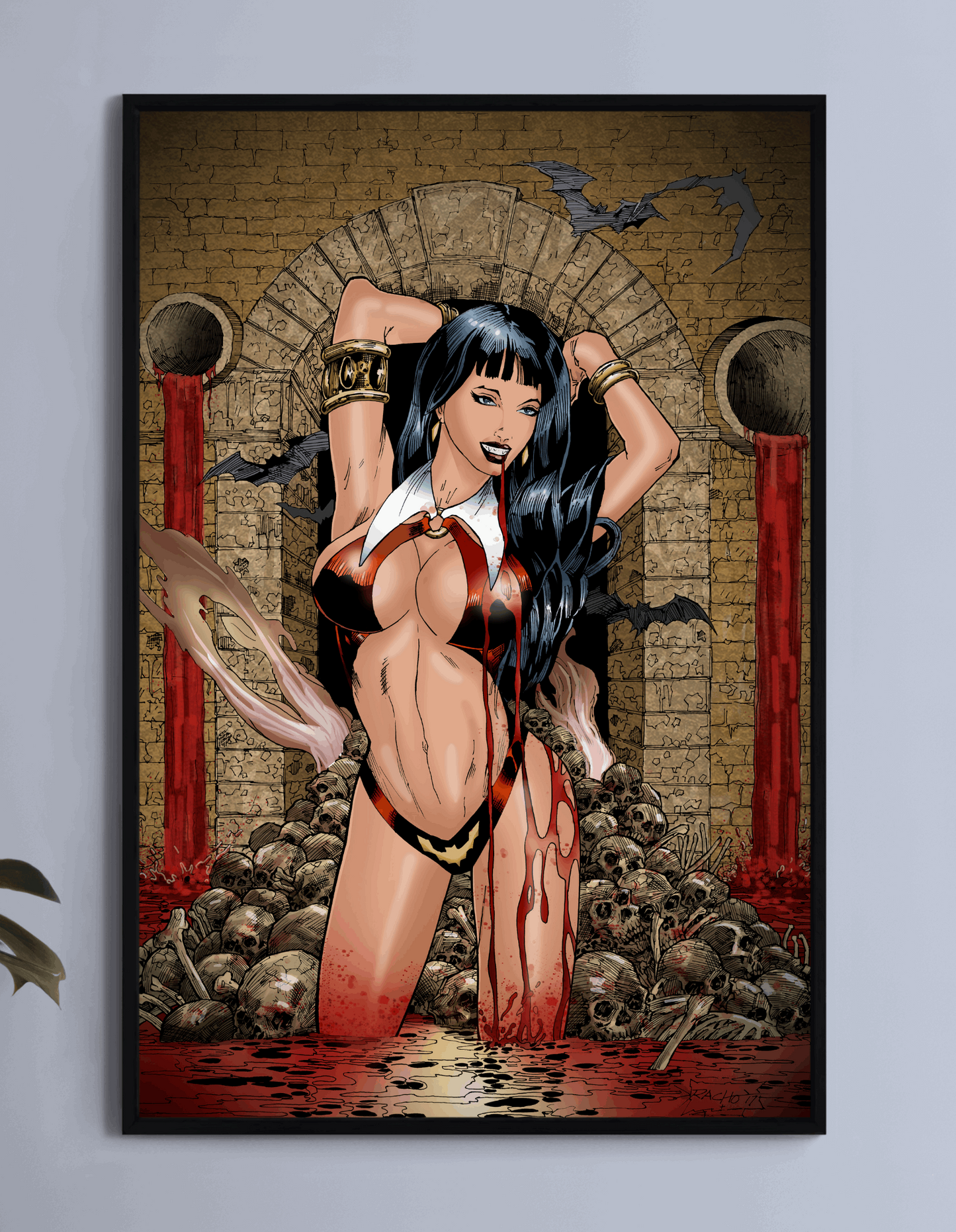Vampirella-inspired vampire rising from a crimson pool before a stone arch; art by Ray Racho.