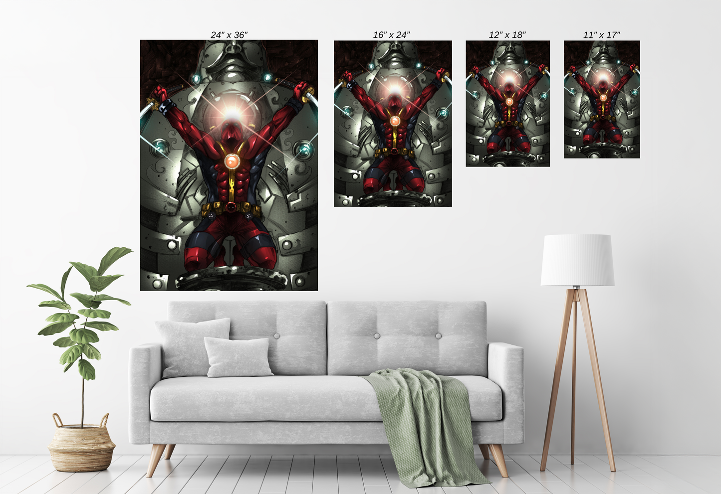 Size Chart Canvas print of Deadpool charging up energy with katanas raised against a mechanical backdrop