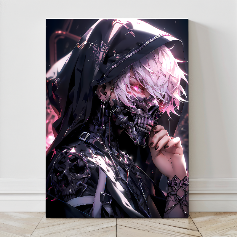 24x36 canvas print featuring cybernetic skull-faced woman in dark techwear