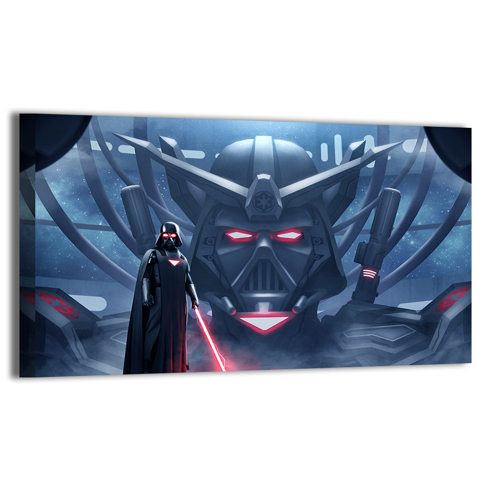 Giant Darth Vader mech behind Vader in fog-filled hangar; sci-fi crossover art.