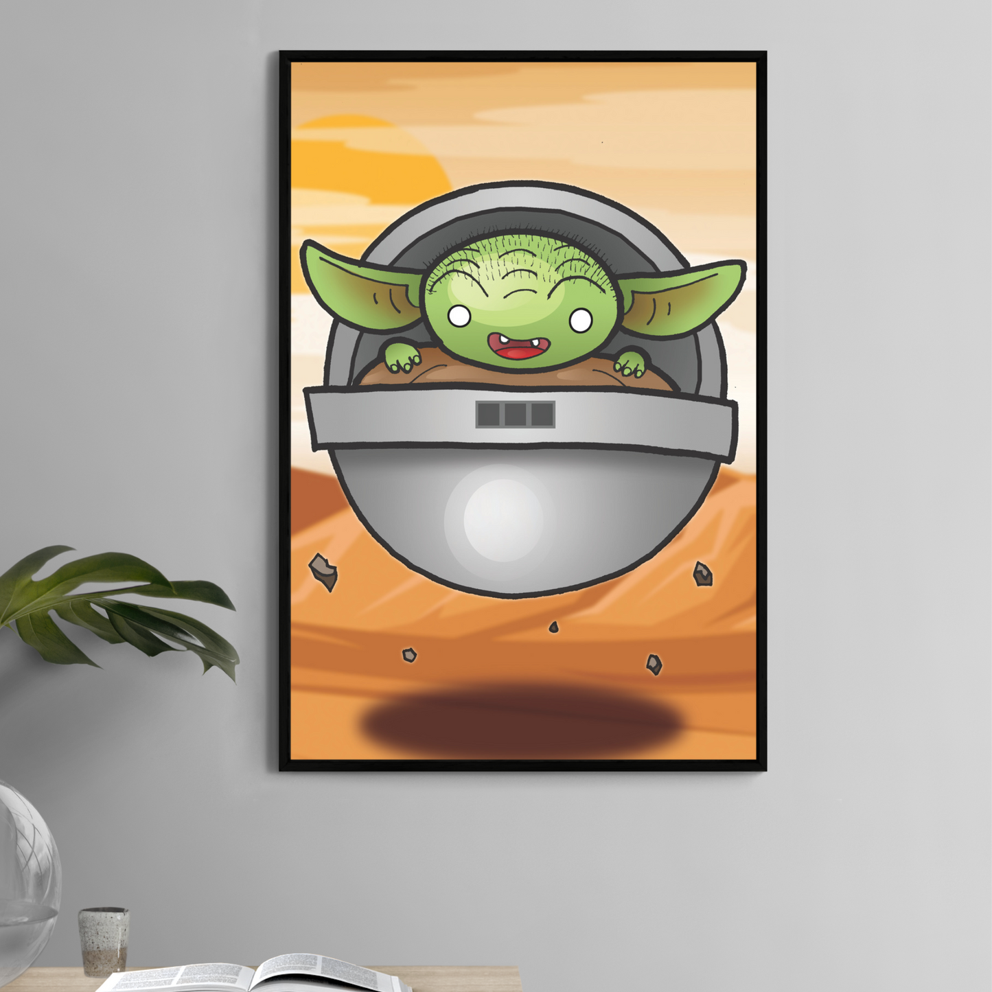 11x17 cartoon poster of Grogu in floating pod over Tatooine-style desert