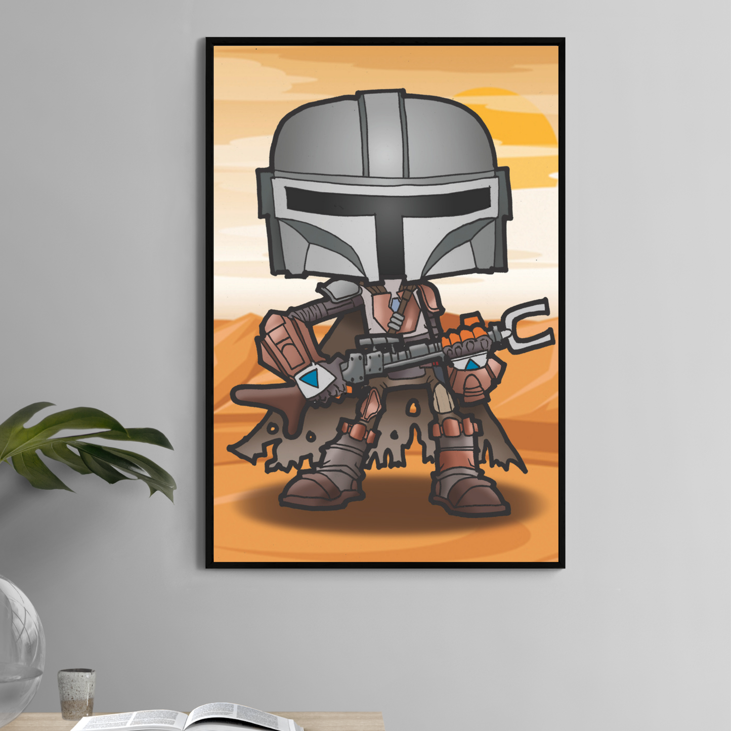 11x17 chibi Mandalorian poster with blaster, cape, and cartoon desert scene
