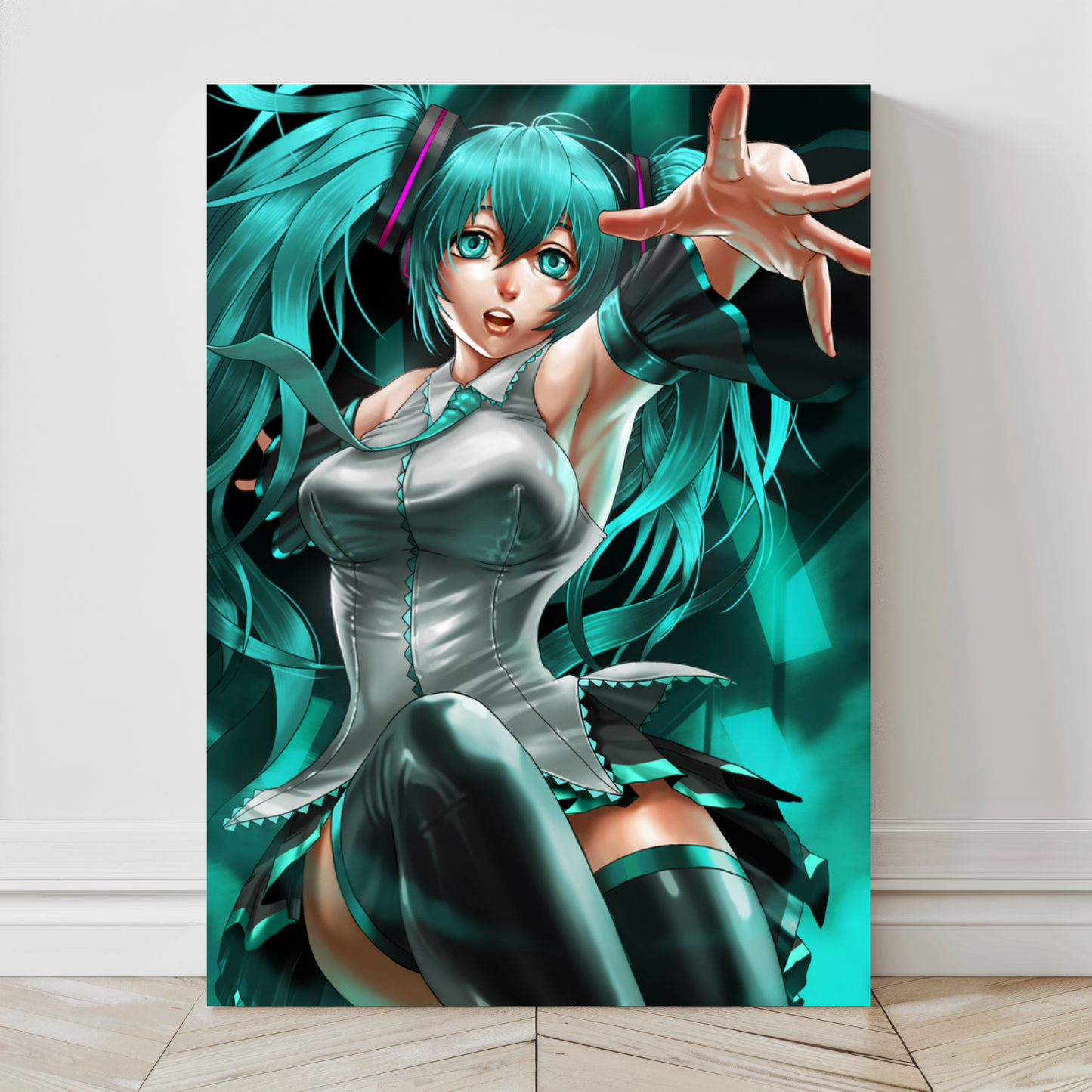 24x36 canvas wall art of Hatsune Miku glowing with digital energy mid-performance
