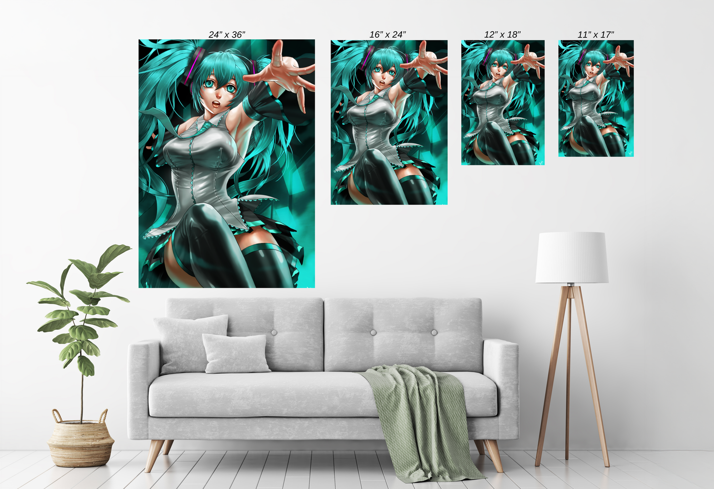 Size Chart canvas wall art of Hatsune Miku glowing with digital energy mid-performance