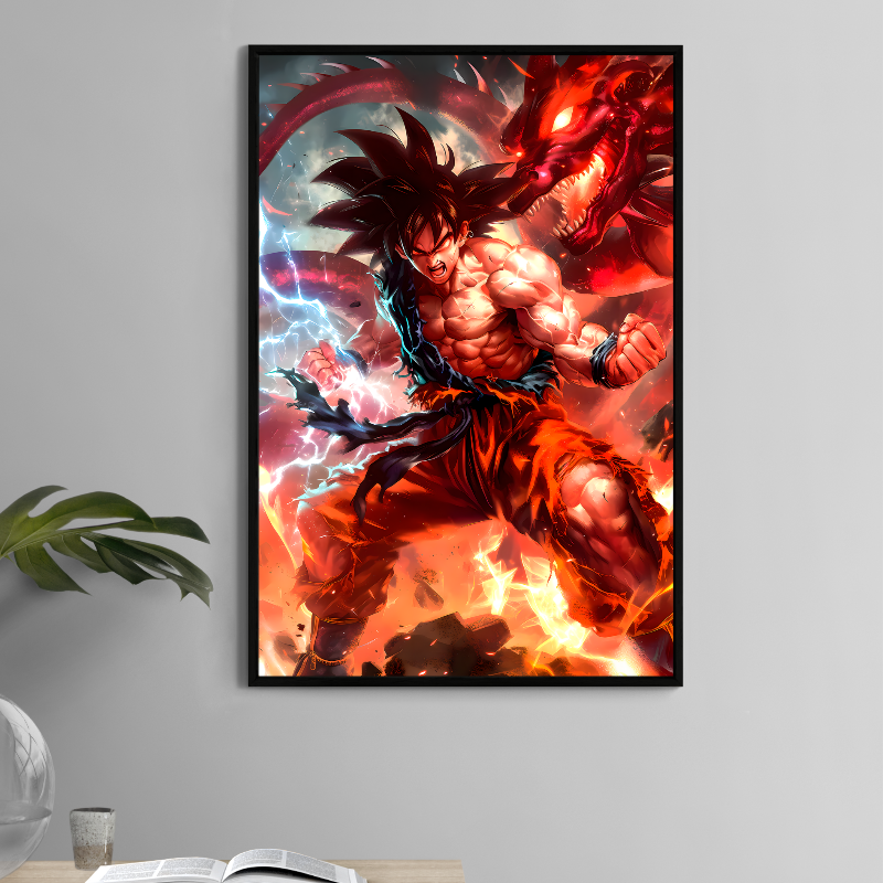 Goku 11x17 anime print with red dragon and lightning energy – Snapping Turtle Gallery