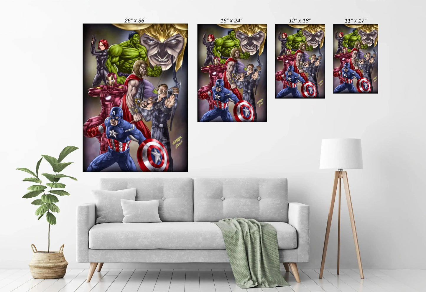 11x17 poster of the Avengers with comic-style illustration of Loki and core members