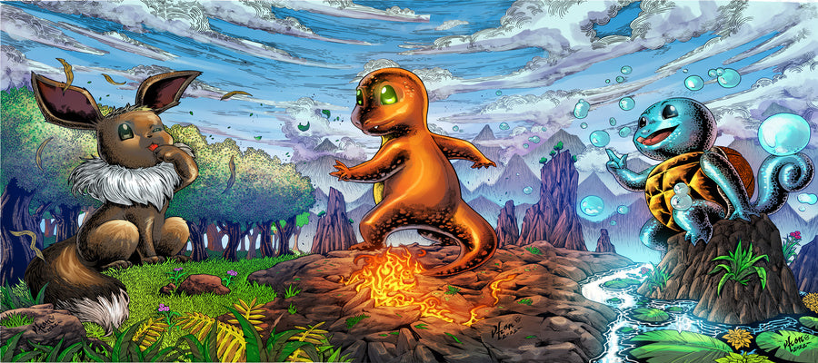 Panoramic Pokémon-style print with Charmander, Eevee, and Squirtle in scenic nature