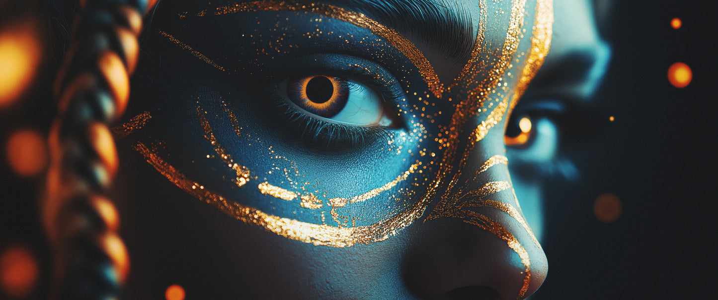 14x33 acrylic fantasy wall art of surreal portrait with mystical gaze and rich metallic detailing.