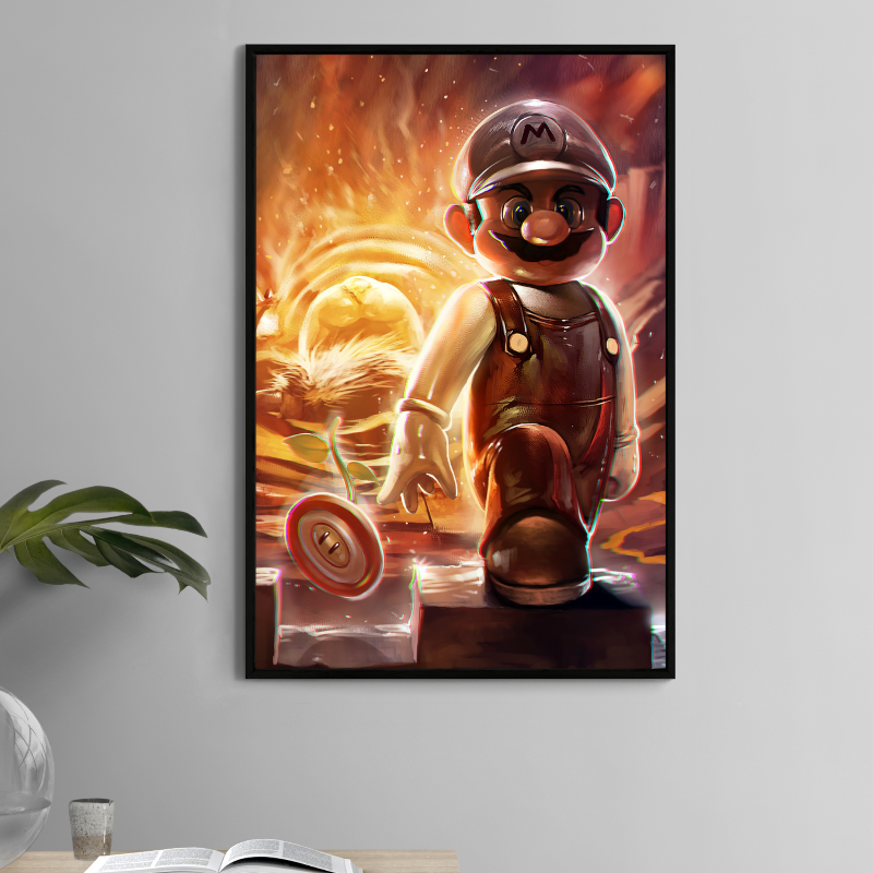 Mario walks forward from flames as Bowser roars behind in this 11x17 Nintendo fan art by Ceasar.
